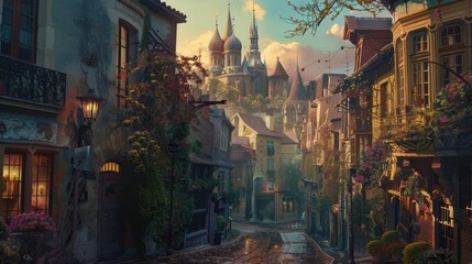 The image is a digital painting of a street in a European city