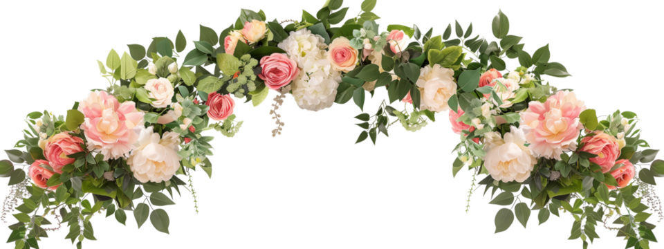 A flower arch with roses, peonies, and hydrangeas accented with greenery, isolated on transparent background