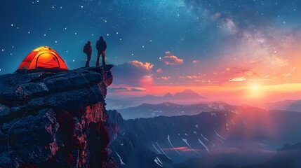 Climbers Setting Up Camp on Remote Mountain Ledge Under Starry Night Sky