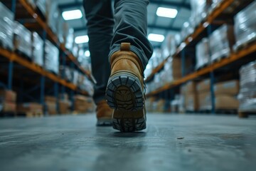 The close up picture of the worker is walking inside the factory warehouse while wearing the safety shoes, the factory worker require skill like technical knowledge, safety awareness, strength. AIG43.