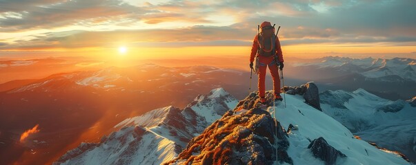 Triumphant Mountaineer Reaching the Majestic Peak at Captivating Sunrise in a Breathtaking Landscape