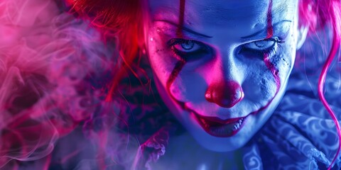A closeup of a sinister redhead clown staring menacingly at the viewer. Concept Characters, Close-Up, Sinister, Redhead, Clown