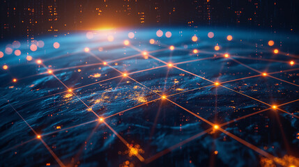 Obraz premium A blue and orange planet with a grid of lights on it