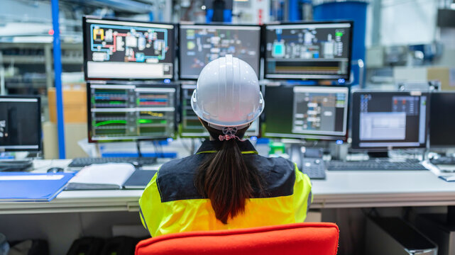 Inside the large Industry Factory Female Computer Engineer Works on Personal Computer She coding program for control machine,Thailand people work on fours monitors,Programmer working with serious