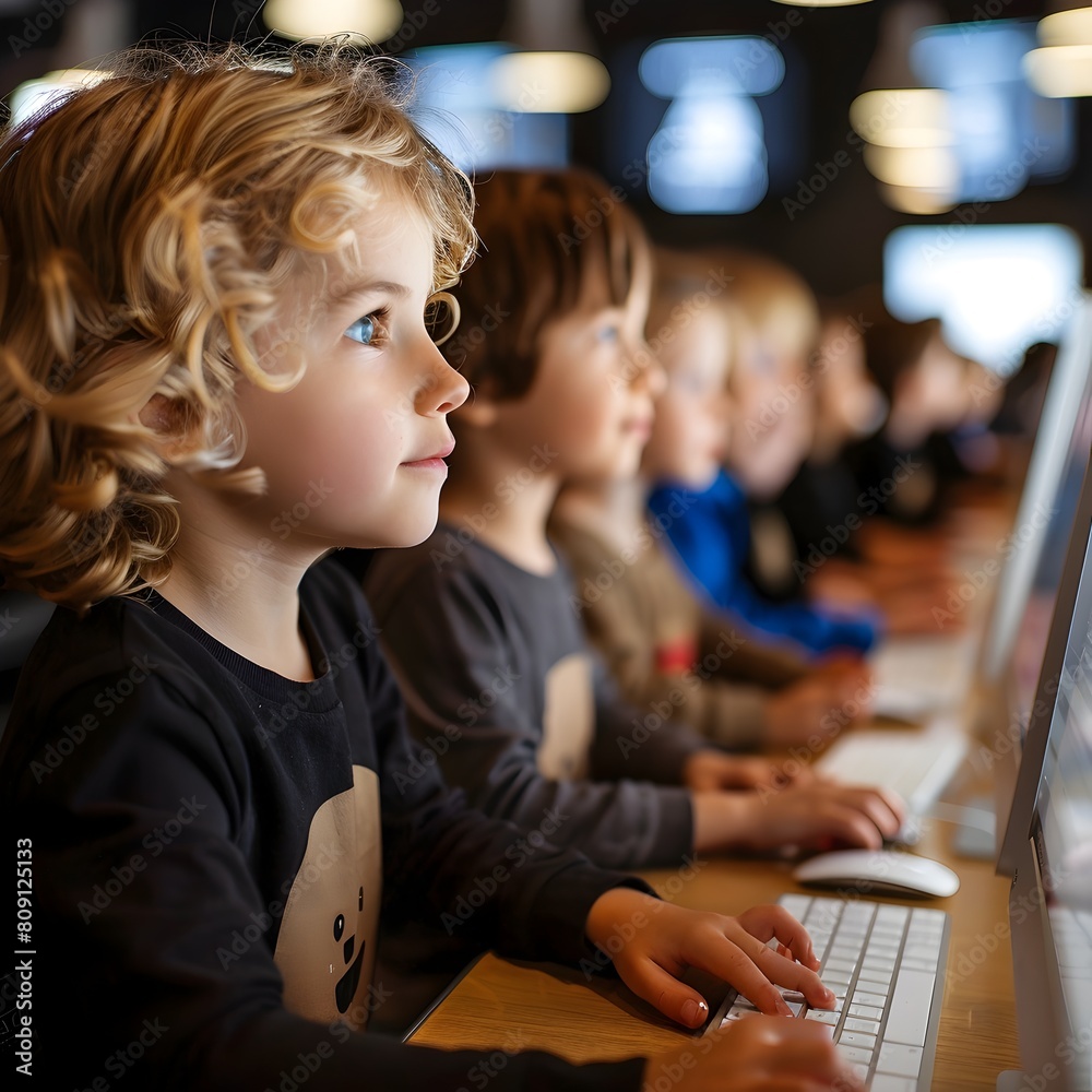 Poster children engaged in coding lesson in computer lab embracing new beginnings concept