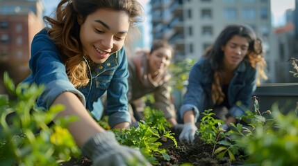 Young Adults Cultivating an Urban Rooftop Garden for a Sustainable Future