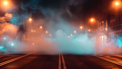 Desolate Street Scene with Neon Lights, Smoke, and Blue Background. Concept Desolate Street Scene, Neon Lights, Smoke, Blue Background