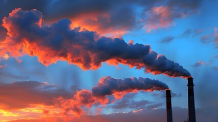 Smokestacks emitting carbon emissions symbolize industrial pollution and environmental impact. Concept Industrial Pollution, Carbon Emissions, Environmental Impact, Smokestacks