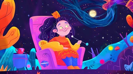 Comfortable armchair scene of woman knitting with harmonious interplay of light and shadow