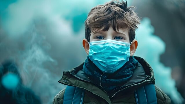 Children wearing masks near factory emitting smoke as a precaution against pollution. Concept Pollution Awareness, Child Safety, Environmental Concerns, Factory Emissions, Protective Measures