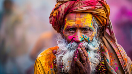 close up of a color festival scene in india, face with colors, colored background