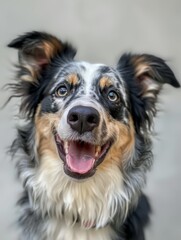 A dog with a black nose and brown and white fur is smiling