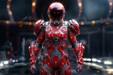Fantastic warrior in red armor. Red spacesuit. Selective focus. AI generated.