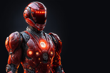 Fantastic warrior in red armor on a dark background. Red spacesuit. Banner with copy space