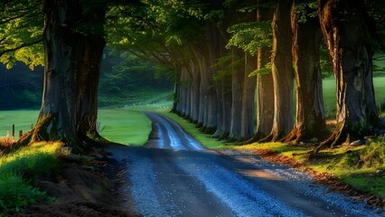 Fototapeta premium Scenic rural gravel road lined with tall green trees in sunlight. Concept Nature Photography, Scenic Landscapes, Tree-Lined Roads, Sunlight, Rural Beauty