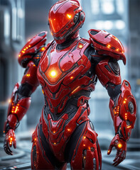 Fantastic warrior in red armor is ready for battle. Red spacesuit