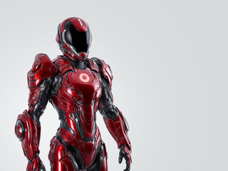 Fantastic warrior in red armor on a light background. Red spacesuit. Banner with copy space