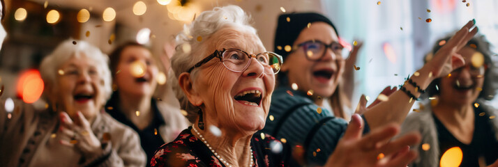 Happy senior woman is dancing and having fun among other people in the background. Long landscape banner format