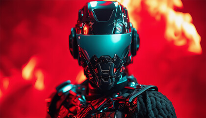 Fantastic warrior. Cyborg in black armor against a red fiery background