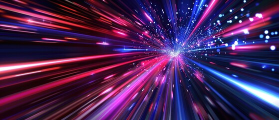 Obraz premium A contemporary red and blue technology-themed background with bursting light lines and a speed-infused motion effect, creating an eye-catching visual experience.