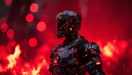 Fantastic warrior. Cyborg in black armor on a red fiery background. Sci-Fi illustration