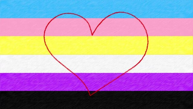 Embrace Freedom and Equality Nonbinary Transgender Flag Scribble Style. LGVTQ+ community the nonbinary transgender flag in a vibrant scribble style, adorned with a pulsating red heart at its center.