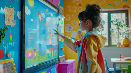 Against colorful backdrops, a teacher at the interactive whiteboard conducts interactive math, language, and art lessons, making learning dynamic and enjoyable for young students.