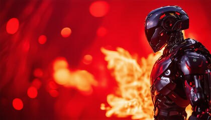 Fantastic warrior in black armor on a red fiery background. Sci-Fi illustration