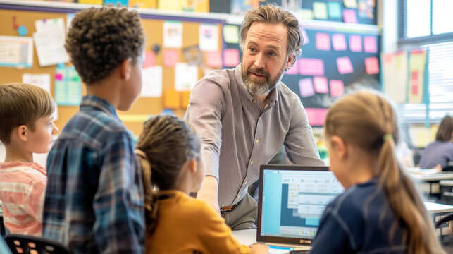 In a dynamic classroom, a teacher employs the interactive whiteboard for innovative lessons on history, music, and social studies, inspiring a passion for learning and exploration.