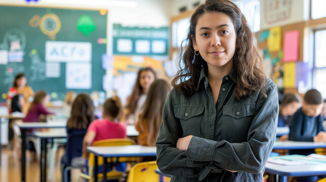 Amidst the buzz of learning, a young teacher stands at the forefront of the modern classroom, her enthusiasm infectious as she prepares to guide her students through a day filled w - Powered by Adobe