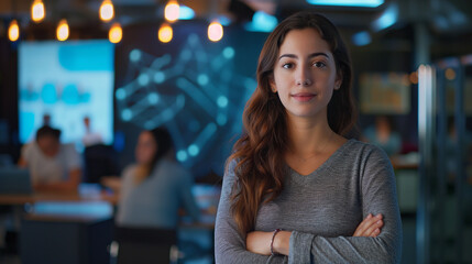 Against the backdrop of a technologically advanced learning space, a young teacher stands confidently, her passion for education evident as she prepares to empower her students wit