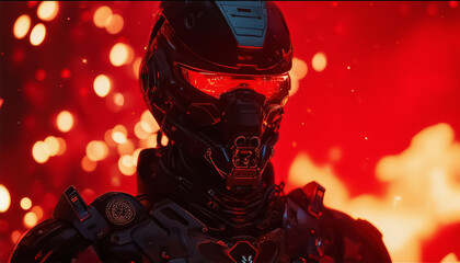 Fantastic warrior. Cyborg in black armor on a red fiery background. Science fiction illustration
