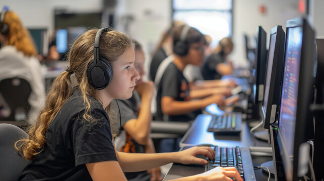 Surrounded by the hum of technology, the teacher leads her class through the intricacies of coding and digital design, her expertise illuminating the pathways of innovation as stud