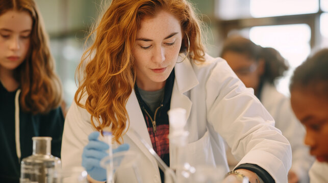 With a white lab coat billowing behind her, the teacher demonstrates the art of experimentation, her steady hands guiding students through the meticulous process of scientific inqu - Powered by Adobe