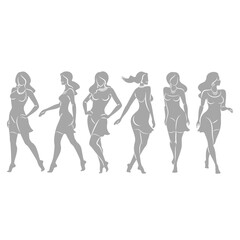 Collection. Silhouette of a woman in style. The girl is slim and beautiful. Lady suitable for decor, posters, stickers, logo. Vector illustration set