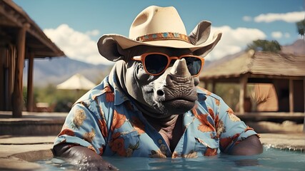 animal enjoying summer vacation like wearing suit, sunglasses, hat, animal, wearing, suit, sungllasses, hat, sunglasses, fashion, background, portrait, pet, funny, goggles, cool, cute, face, dog, dome