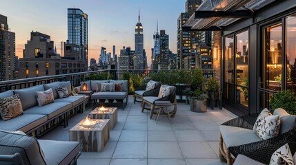 Obraz premium Luxurious rooftop terrace at dusk with modern furniture and views of the city skyline, perfect for real estate and lifestyle marketing.