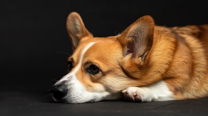 A close-up of a resting Pembroke Welsh Corgi with a detailed view of its facial features and coat pattern