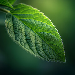 Fototapeta premium A leaf is shown in a close up, with the veins and texture of the leaf visible