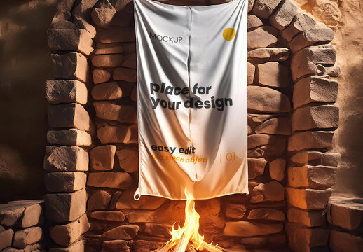Flag hanging on rock wall with fire mockup 04 Generative Ai