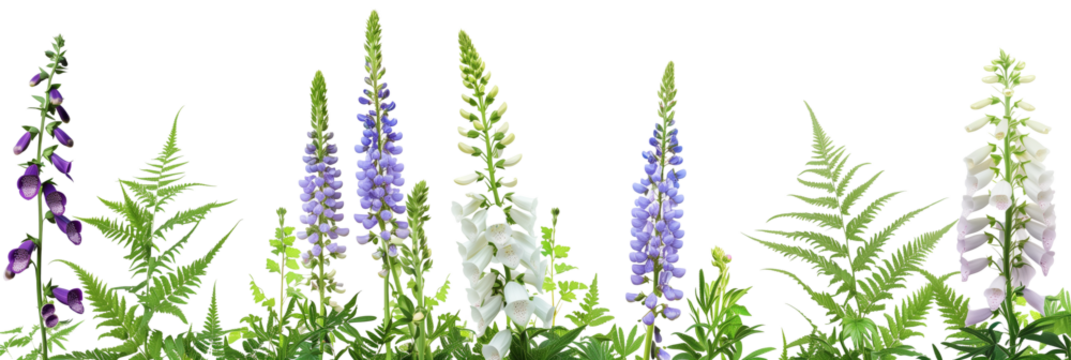 set of settings of lupines, foxgloves, and delphiniums with fern fronds and ivy, isolated on transparent background