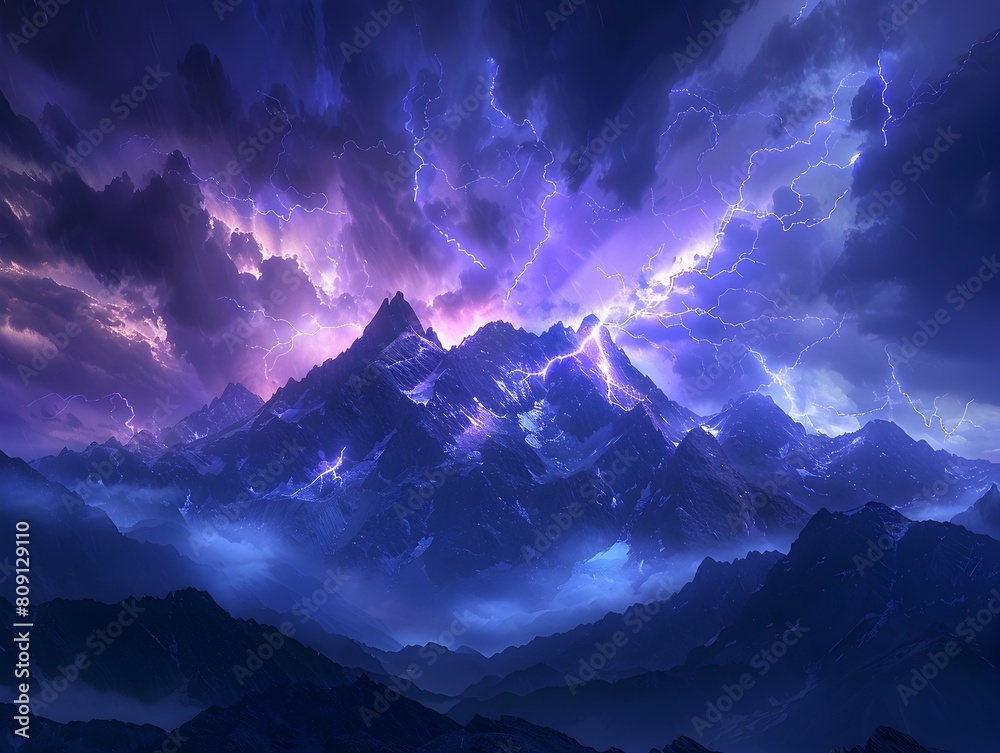 Wall mural spectacular lightning storm over majestic mountain range showcasing nature s powerful and awe inspir