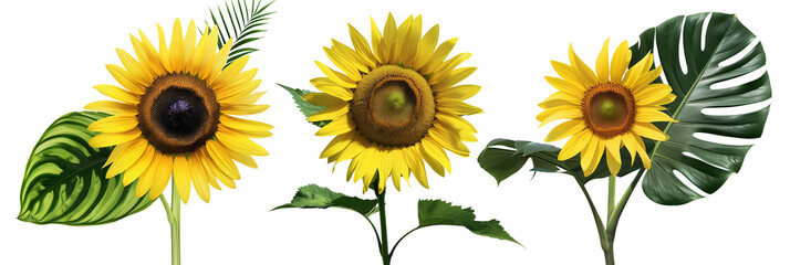 set of displays of sunflowers with palm leaves and tropical foliage, isolated on transparent background