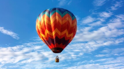 Fototapeta premium A colorful hot air balloon floats serenely against a blue sky dotted with white clouds, a sense of peaceful adventure
