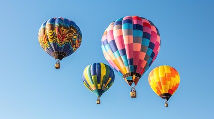 Multiple hot air balloons soaring into the clear blue sky, with diverse and vivid patterns and colors