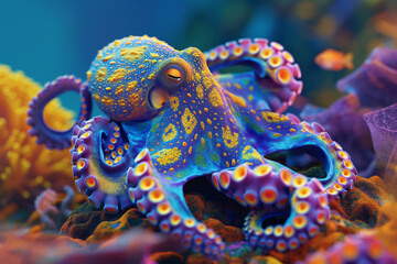 Obraz premium Hyper-realistic octopus. Vibrant colors on a stunning coral reef. Cinematic detail