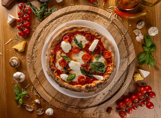 Delicious Italian pizza on rustic wooden table