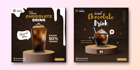 Social media post template for drink product with podium stage and brown background. Chocolate drink digital banner. Mockup of cafe content menu list