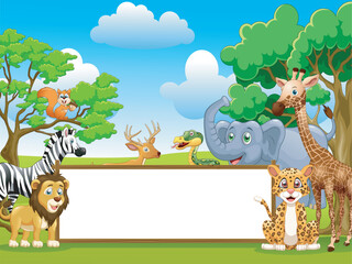 Nature scene with leopard and lion in the jungle illustration. Cartoon wild animals