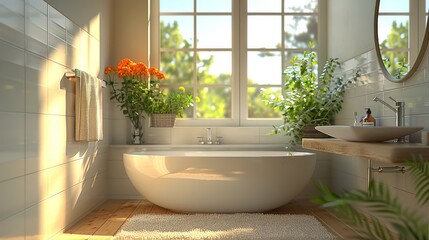 Bathroom with light tiled walls, sink and mirror and a store window in the background